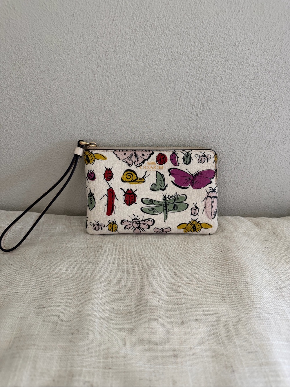 Coach Creature Insect Floral White Leather Wristlet